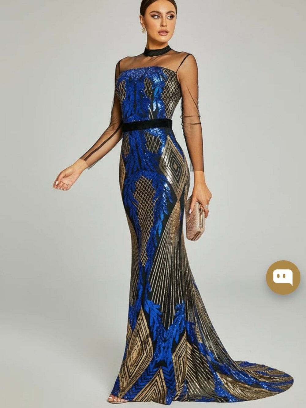 Blue and Gold Sequin Illusion Neck Evening Gown